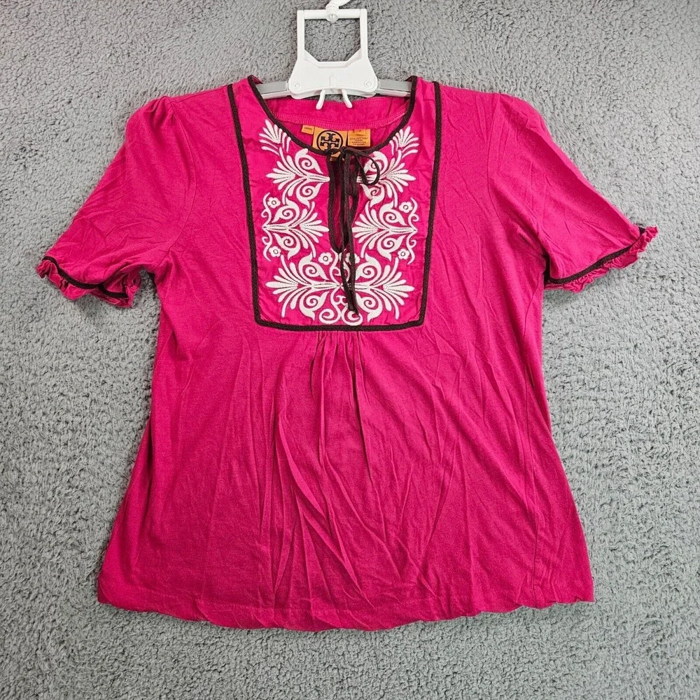 Tory Burch Top Womens Medium Embroidered Tie Neck Pink Casual - M